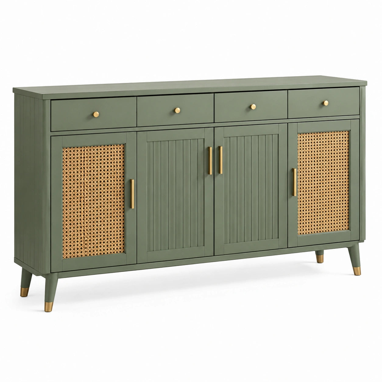 Aparador de madera y rejilla verde con cajones 150x85x40 cm
