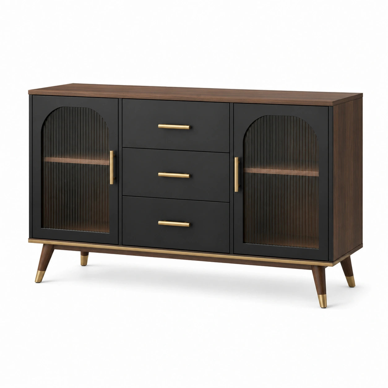 Aparador de madera y metal con puertas de vidrio y cajones 150x40x85 cm