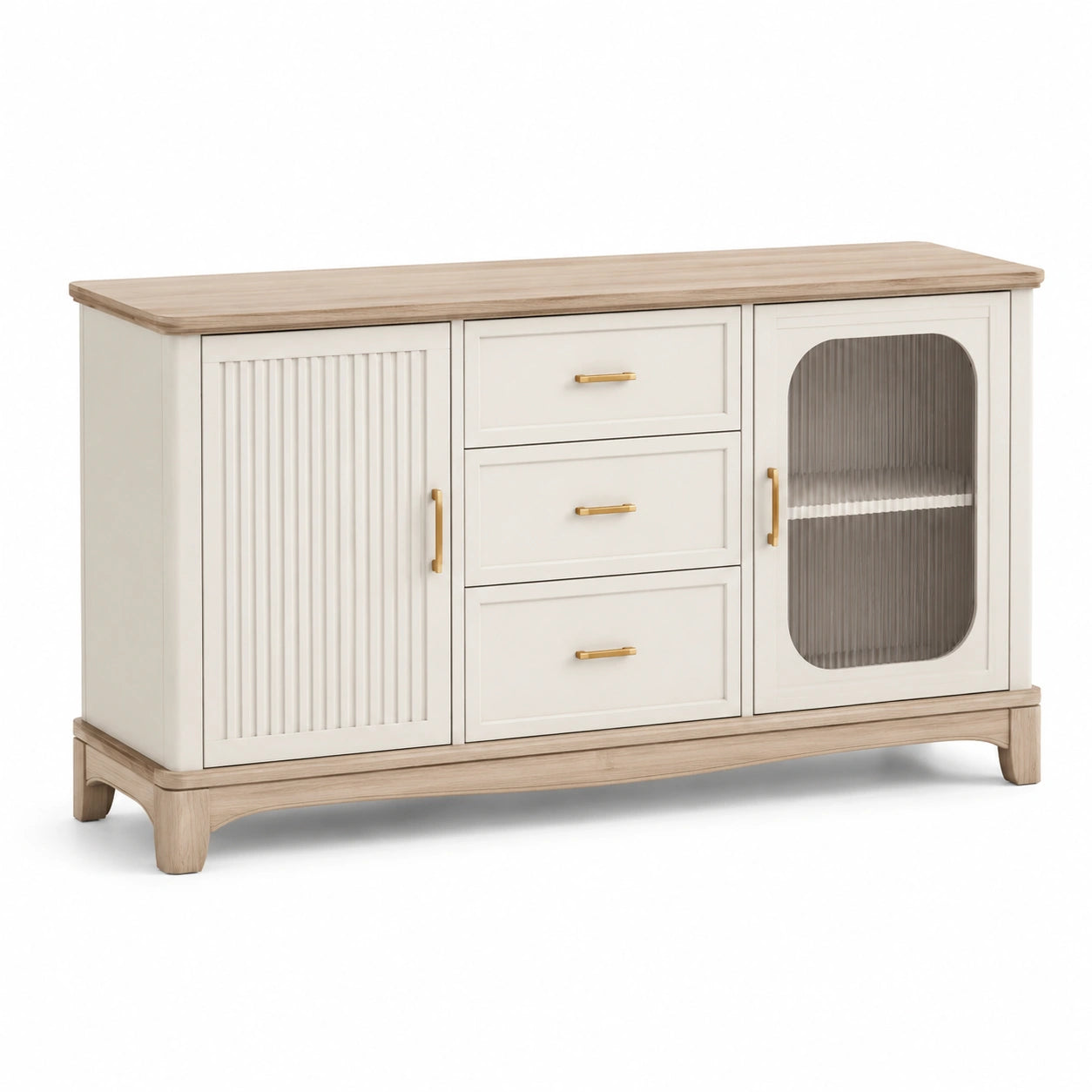 Aparador de madera maciza con vidrio acanalado y tiradores dorados 150x45x80 cm