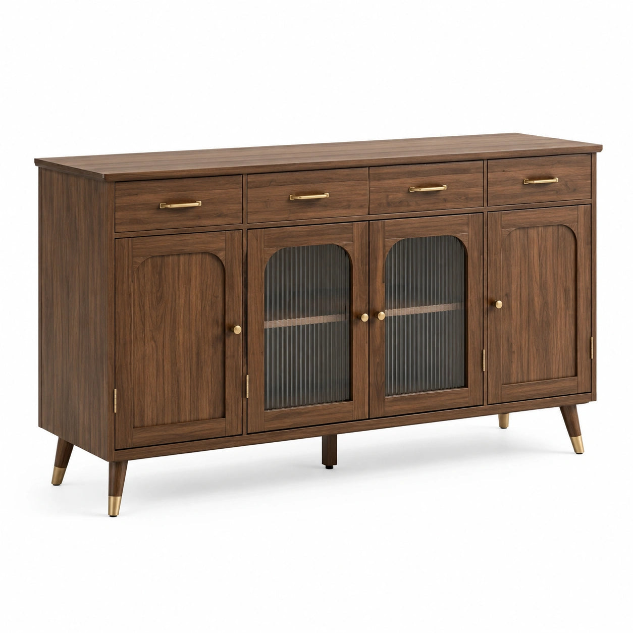Aparador de madera con puertas de vidrio y herrajes metálicos
