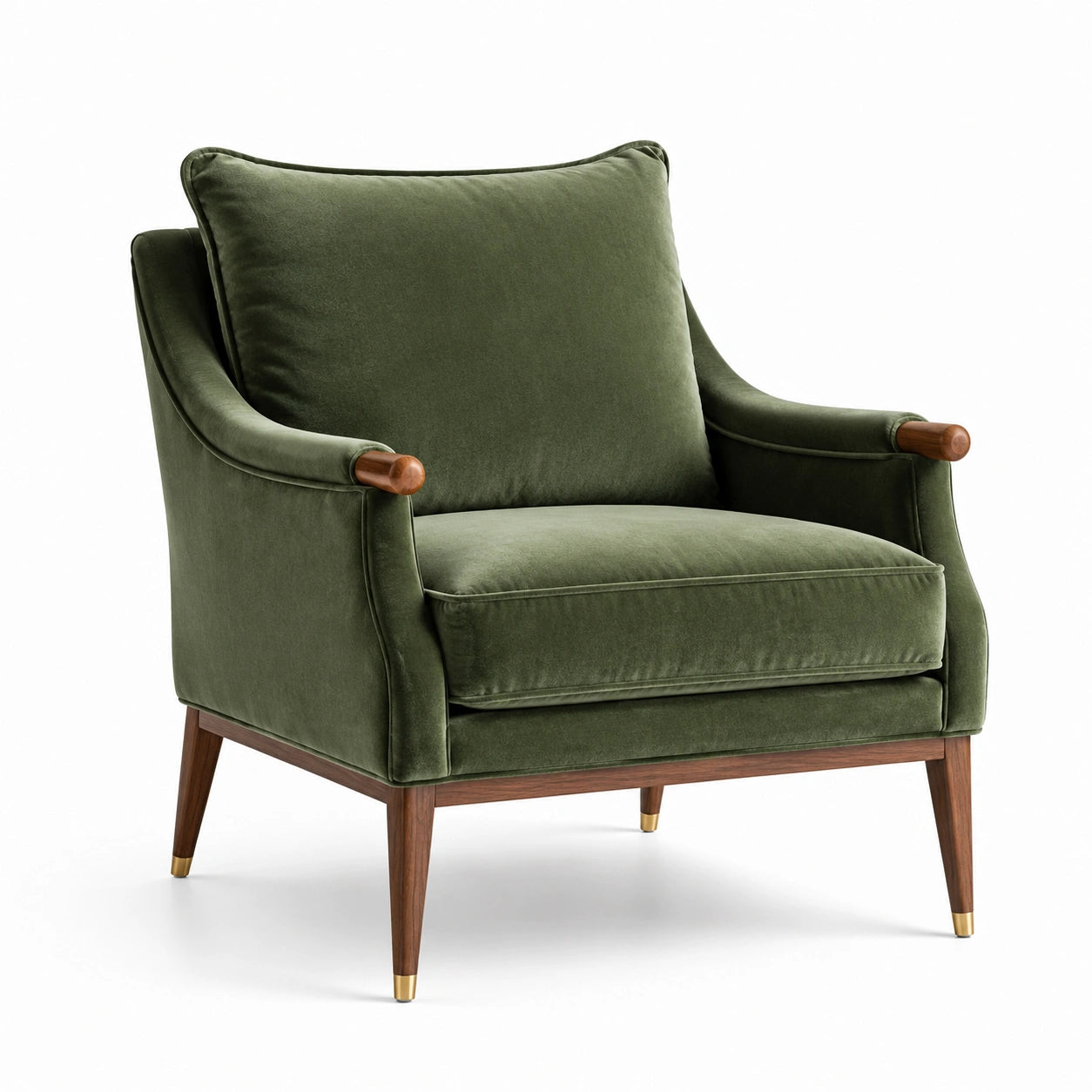 Sillón de terciopelo verde con estructura de madera de nogal