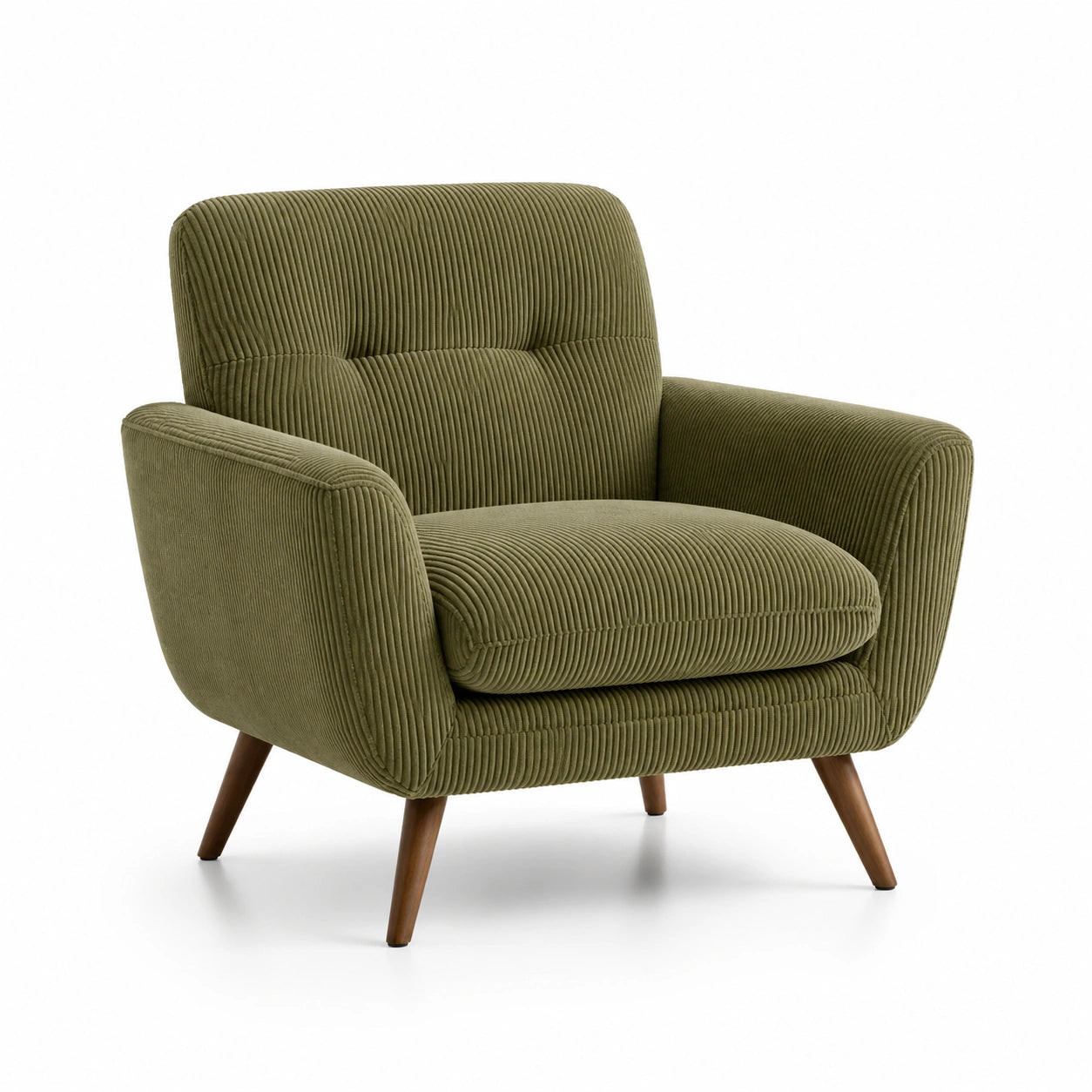 Sillón de pana verde con patas de madera