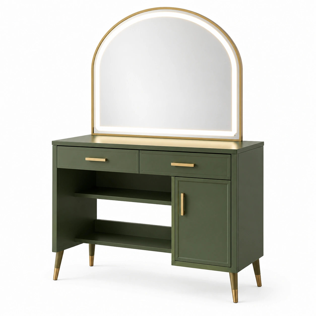 Tocador de Madera Verde Oliva con Espejo Arco y Luz LED