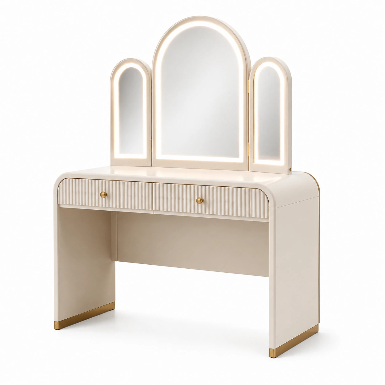 Tocador de MDF con espejos LED blanco y dorado