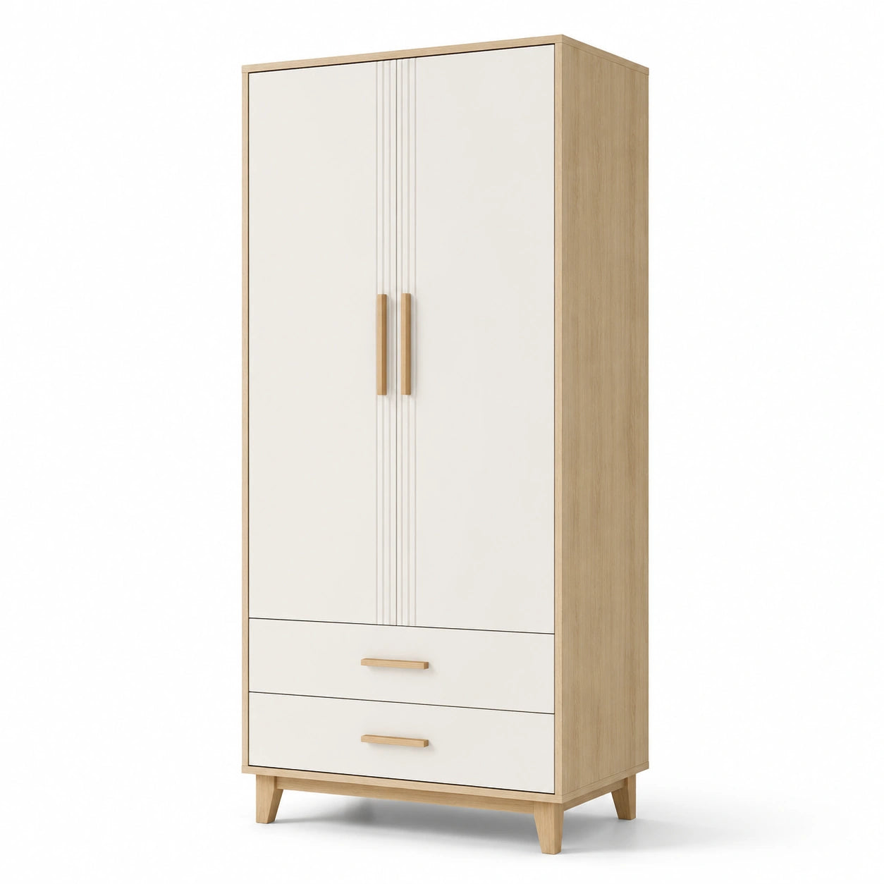 Armario de madera con puertas abatibles y cajones color blanco y madera