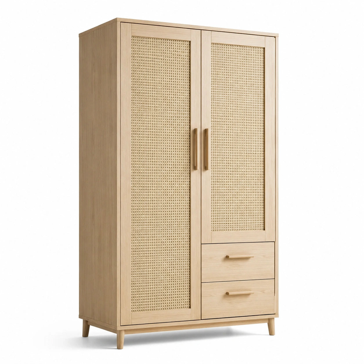 Armario de Madera de Roble con Puertas de Ratán y Cajones