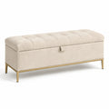 Banco de tela de poliéster beige con patas de metal dorado