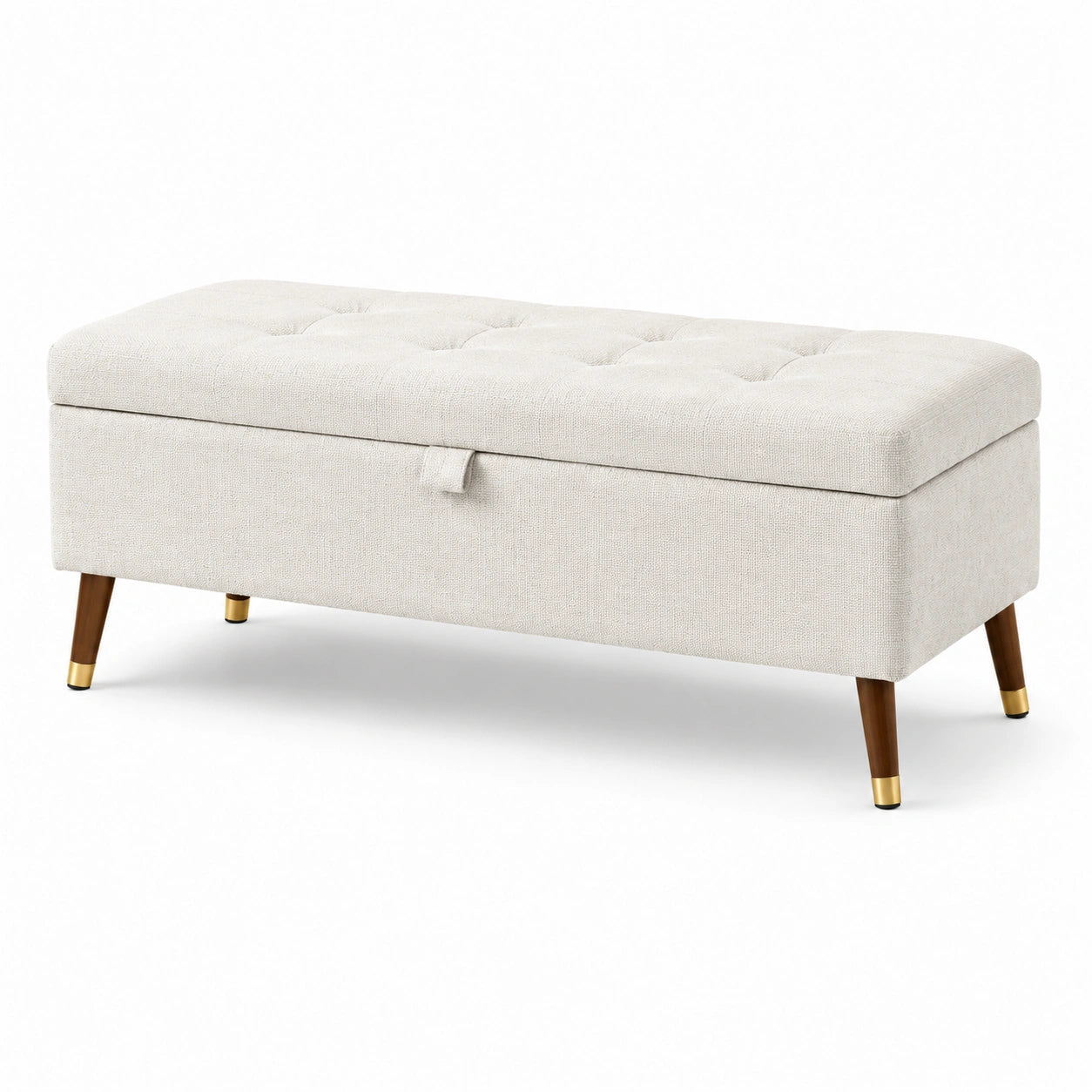 Banco de almacenamiento de lino beige con patas de madera