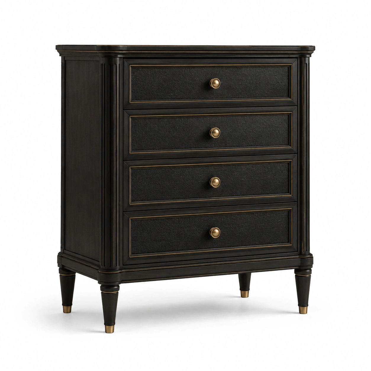 Cómoda de 4 cajones de madera oscura con detalles dorados