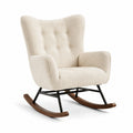 Mecedora de tela beige con base de metal y madera