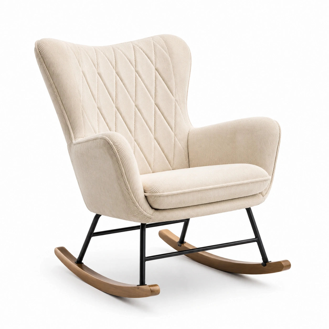 Mecedora de pana beige con estructura de acero y base de madera
