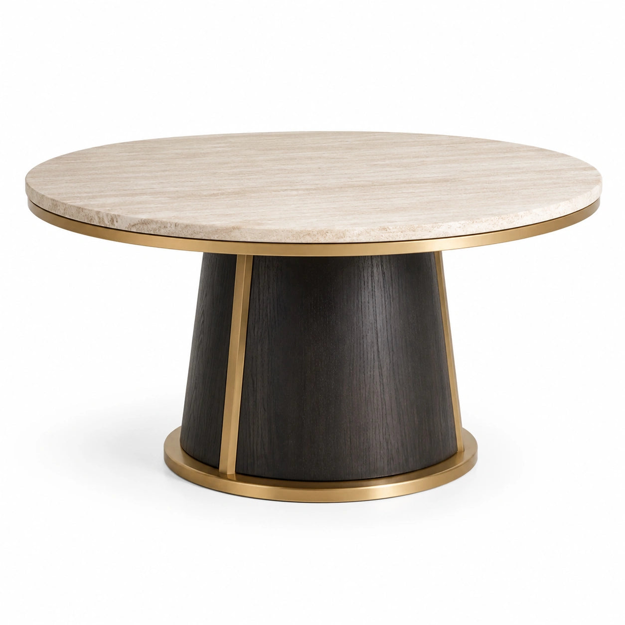 Mesa redonda de mármol travertino con base de madera y detalles metálicos dorados