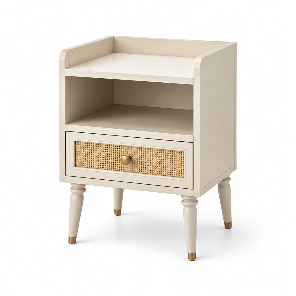Mesita de noche de madera con estante y cajón