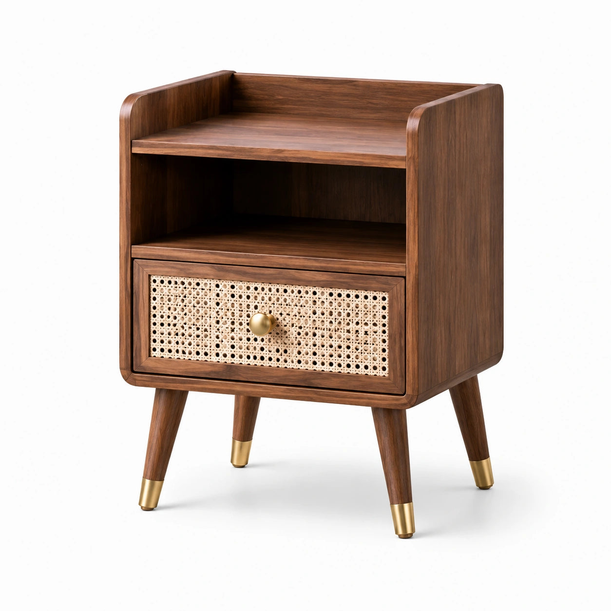 Mesita de noche de madera y ratán con cajón y estante