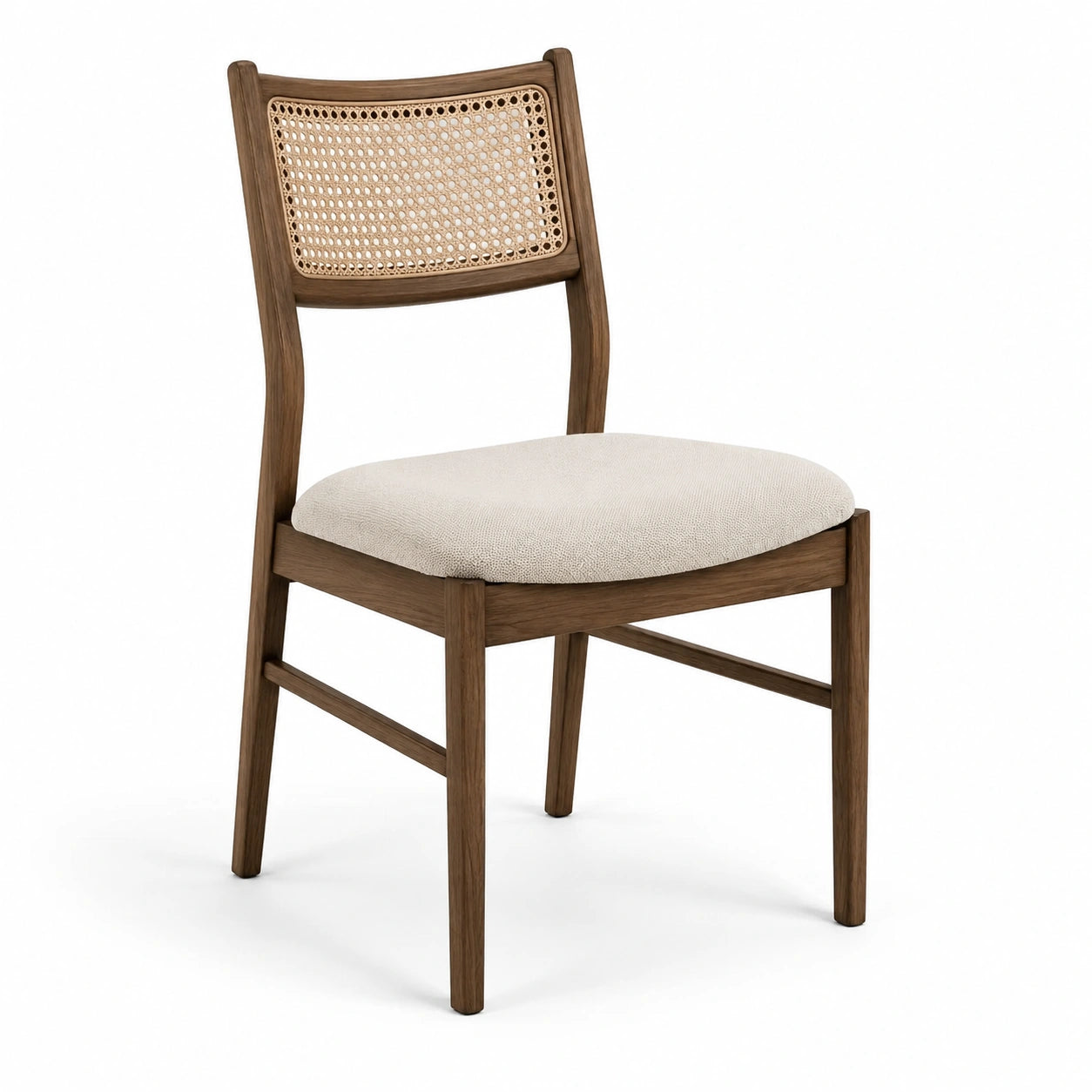Silla de madera con respaldo de ratán y asiento de poliéster