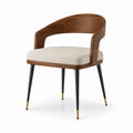 Silla de madera de nogal con asiento de tela beige y patas de metal negro