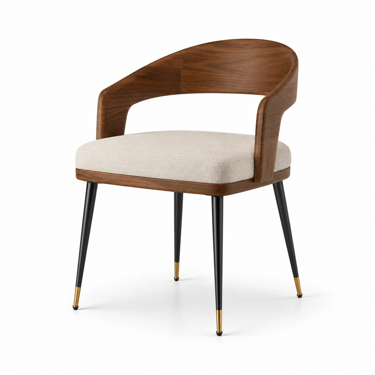 Silla de madera de nogal con asiento de tela beige y patas de metal negro